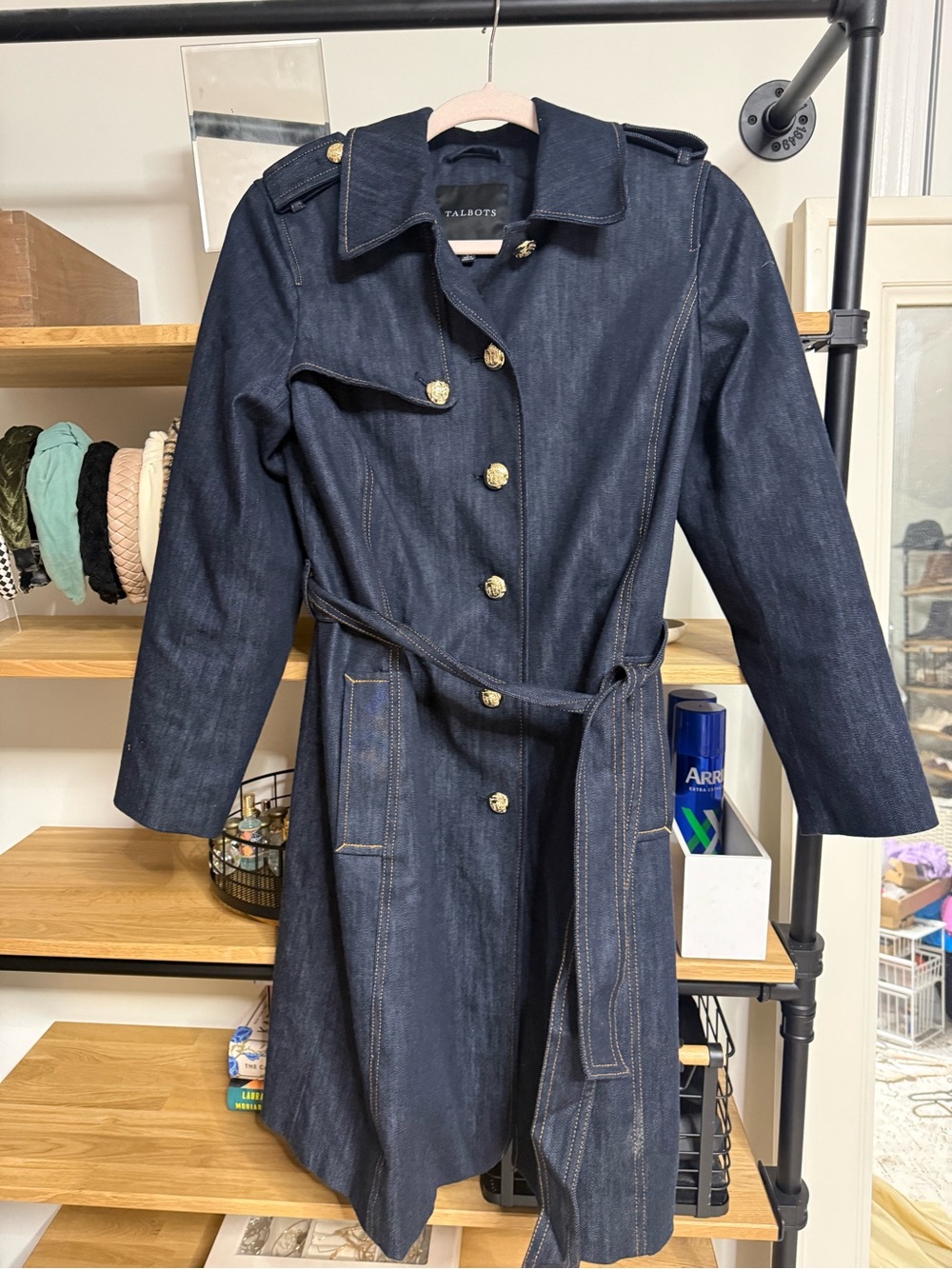 Talbots Navy Denim Trench Coat with Gold Buttons